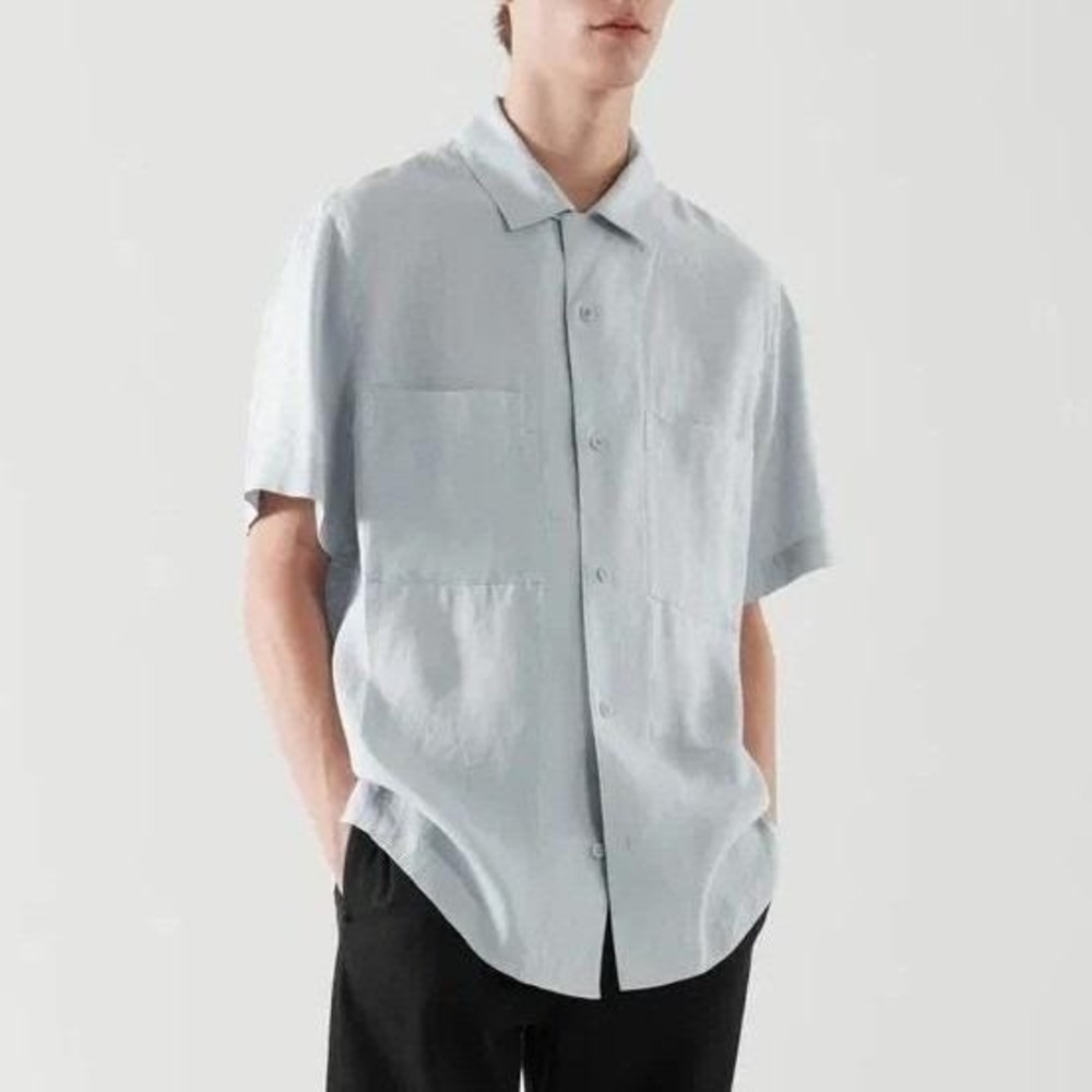 COS Camp Collar 100% Linen Workshirt Men M Light Blue Short Sleeve Pockets Relax